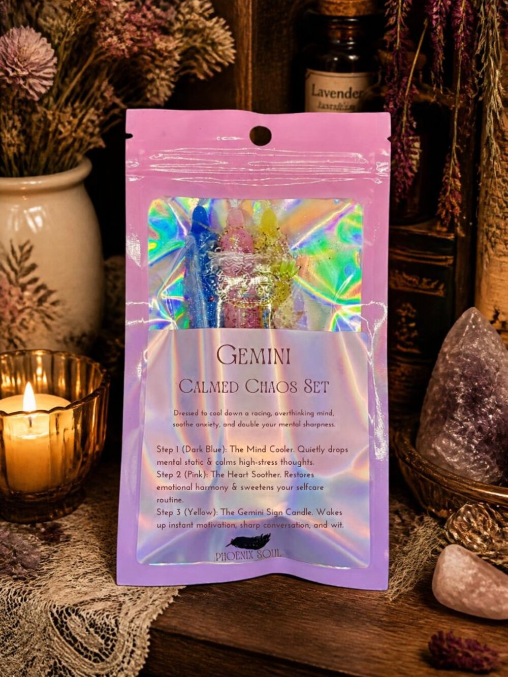3pc Gemini Calmed Chaos Spell Candle Set Hand Dressed